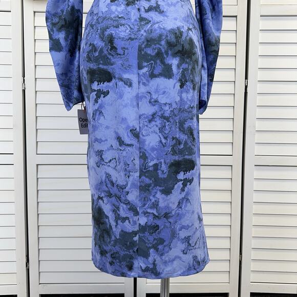 New Open Edit‎ Marbled Long Sleeve Midi Dress Blue Geode Slit Puff Sleeve Size S - Picture 7 of 11